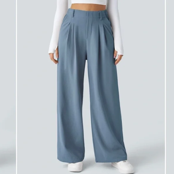 Halara Flex High Waist Pocket Wide Leg Waffle Work Pants Blue Gray NEW XL Petite - Picture 1 of 14